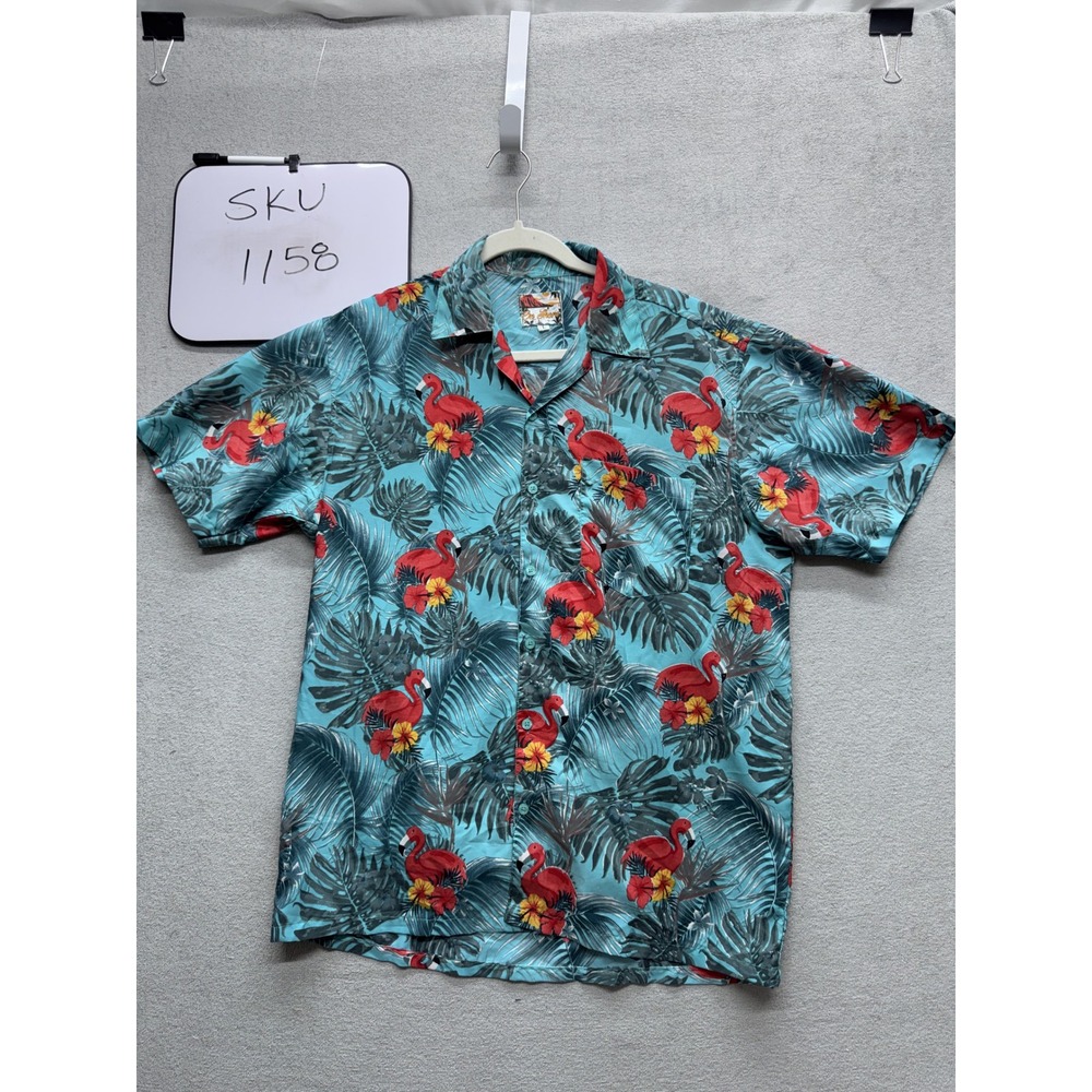 On Shore Button Front Shirt Mens L Teal Flamingo Tropical Hibiscus Camp Collar